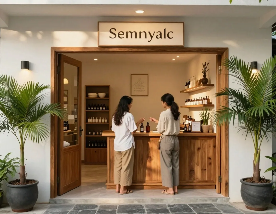A customer asking about supplement ingredients at the PrimaVita counter in Seminyak