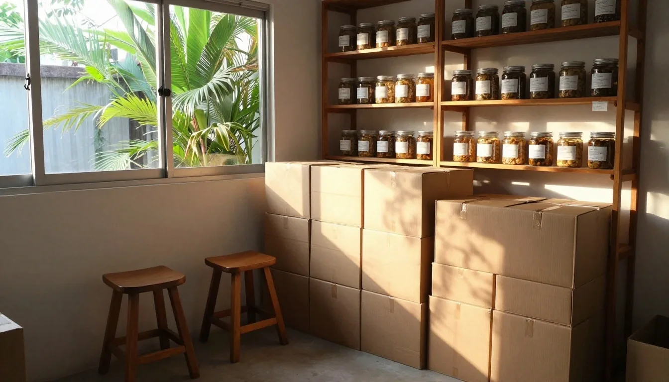 Afternoon light across the tiled floor and shelving of the PrimaVita office in Seminyak