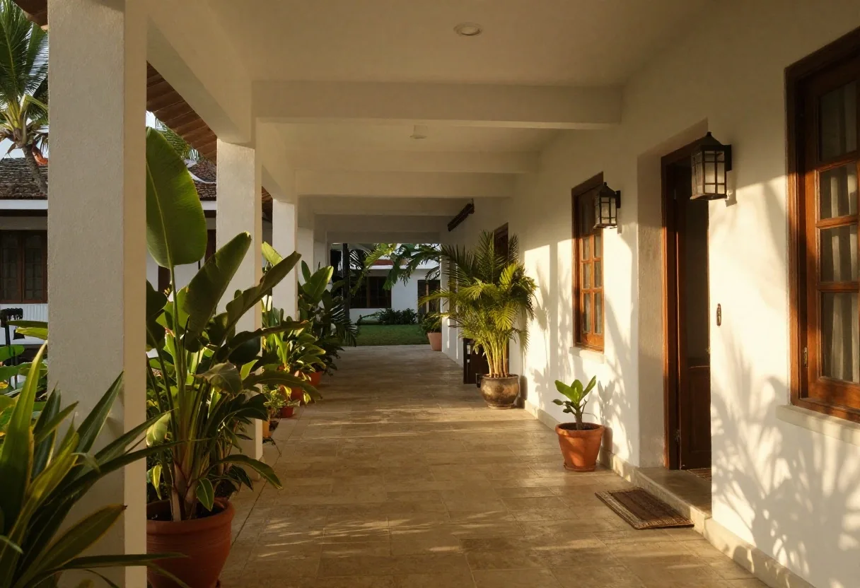 A limestone and slate corridor inside the PrimaVita compound in Seminyak during warm late afternoon light