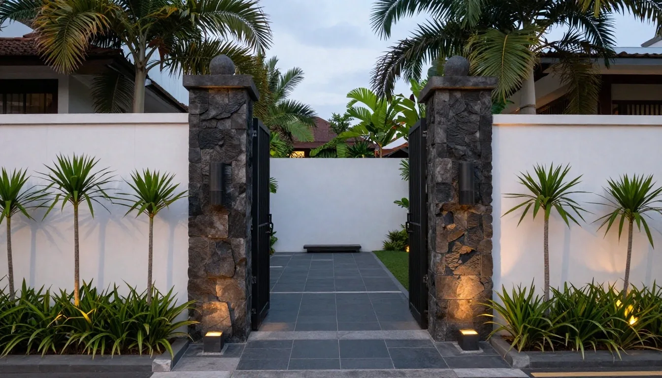 The PrimaVita compound entrance on Sunset Road in Seminyak at blue hour, with plant shade across a white wall panel