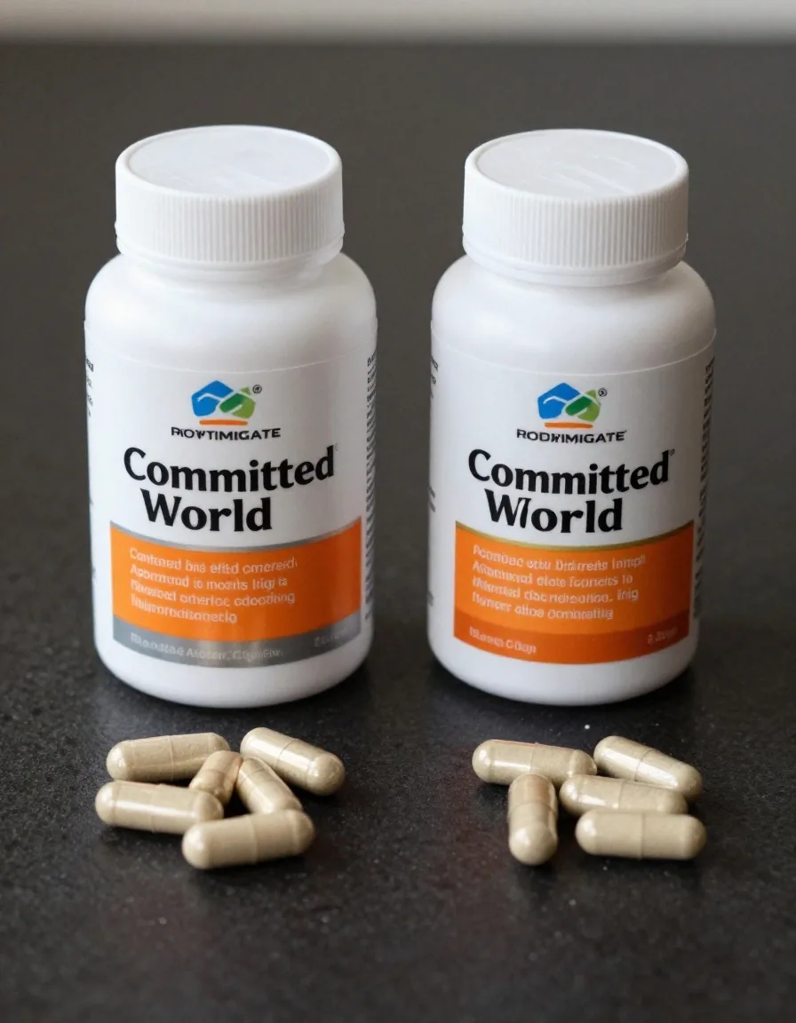 Two supplement bottles being compared side by side on a dark counter, with loose capsules in a small dish