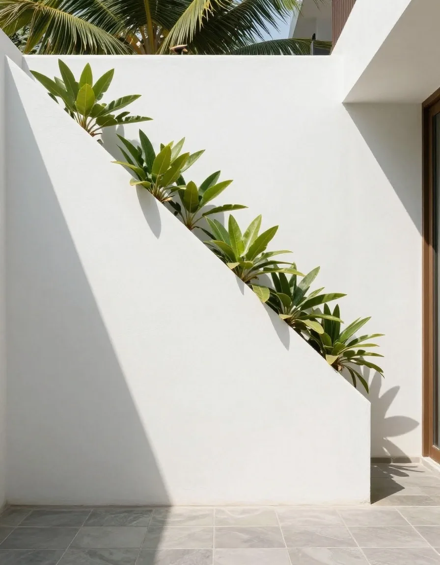 White enamel panel on a corridor wall of the PrimaVita compound in warm afternoon light