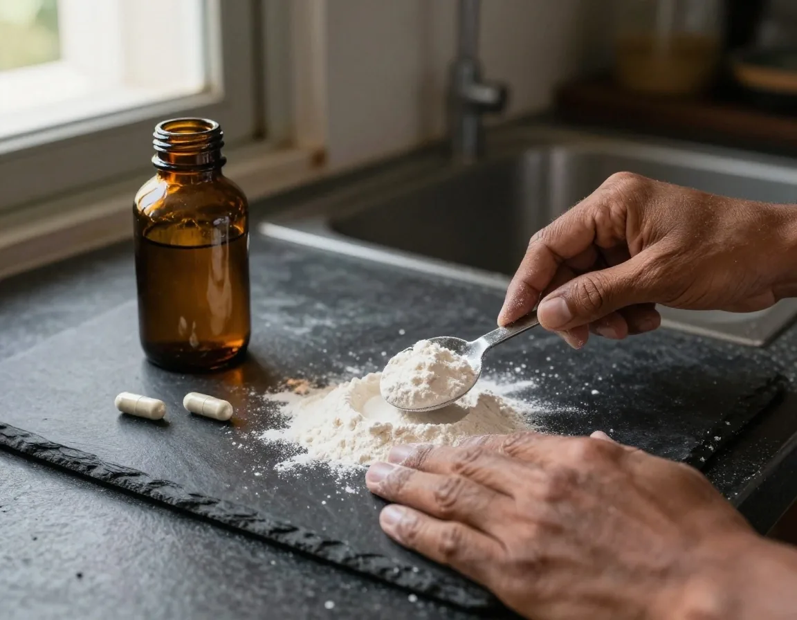 Hands measuring a scoop of supplement powder on a slate counter next to a glass bottle