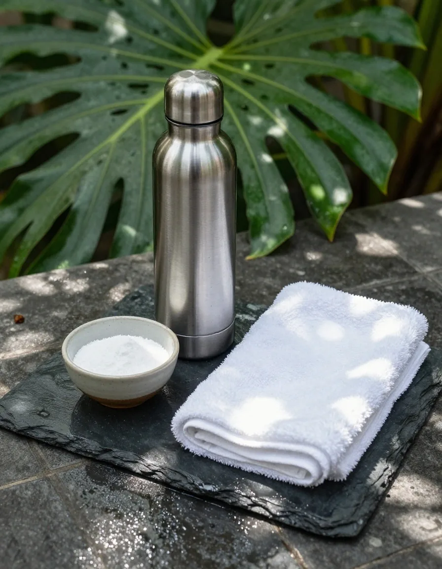 A water bottle, electrolyte bowl and towel set on slate tile beside plant shade at the PrimaVita compound