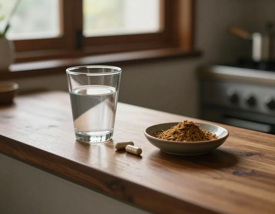 A measured scoop of botanical powder and a single capsule on a dark slate counter at PrimaVita