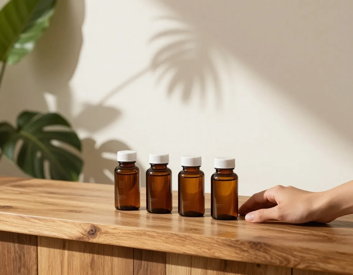 A hand lifting an unbranded bottle from a low slate shelf in a warm-lit supplement shop