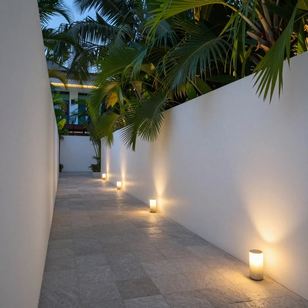 A limestone corridor in a Seminyak wellness compound at blue hour with plant shade across the floor
