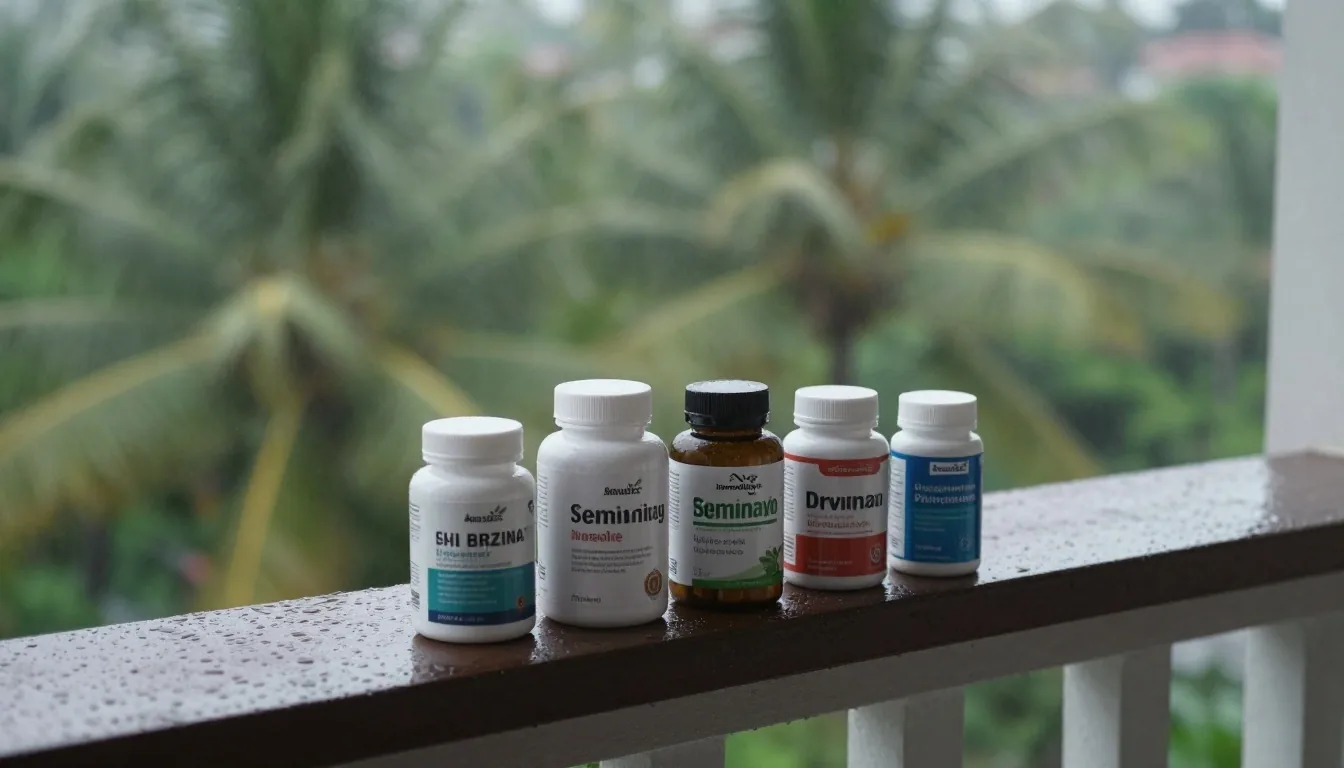 Four unbranded supplement bottles on a dark counter beside a rain-marked window in afternoon light