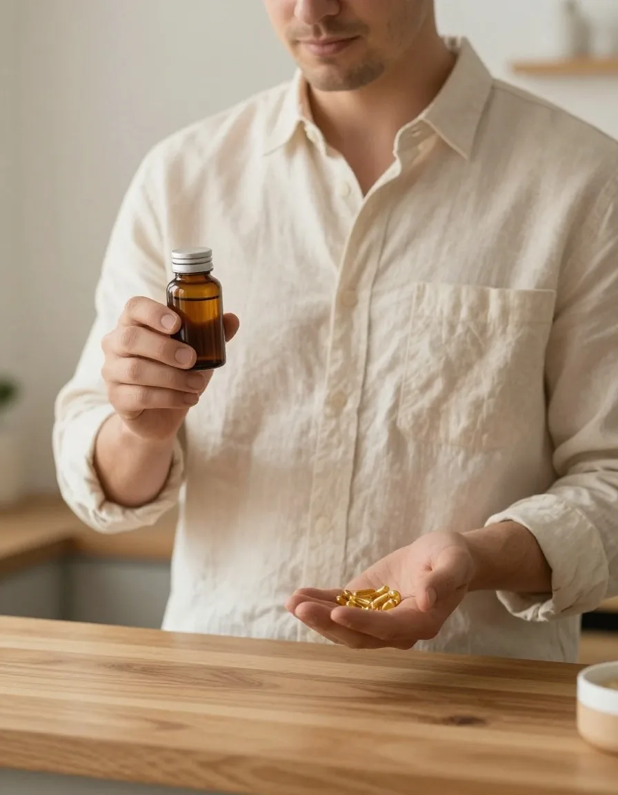 A man's hands opening a supplement bottle at a wooden counter in warm light