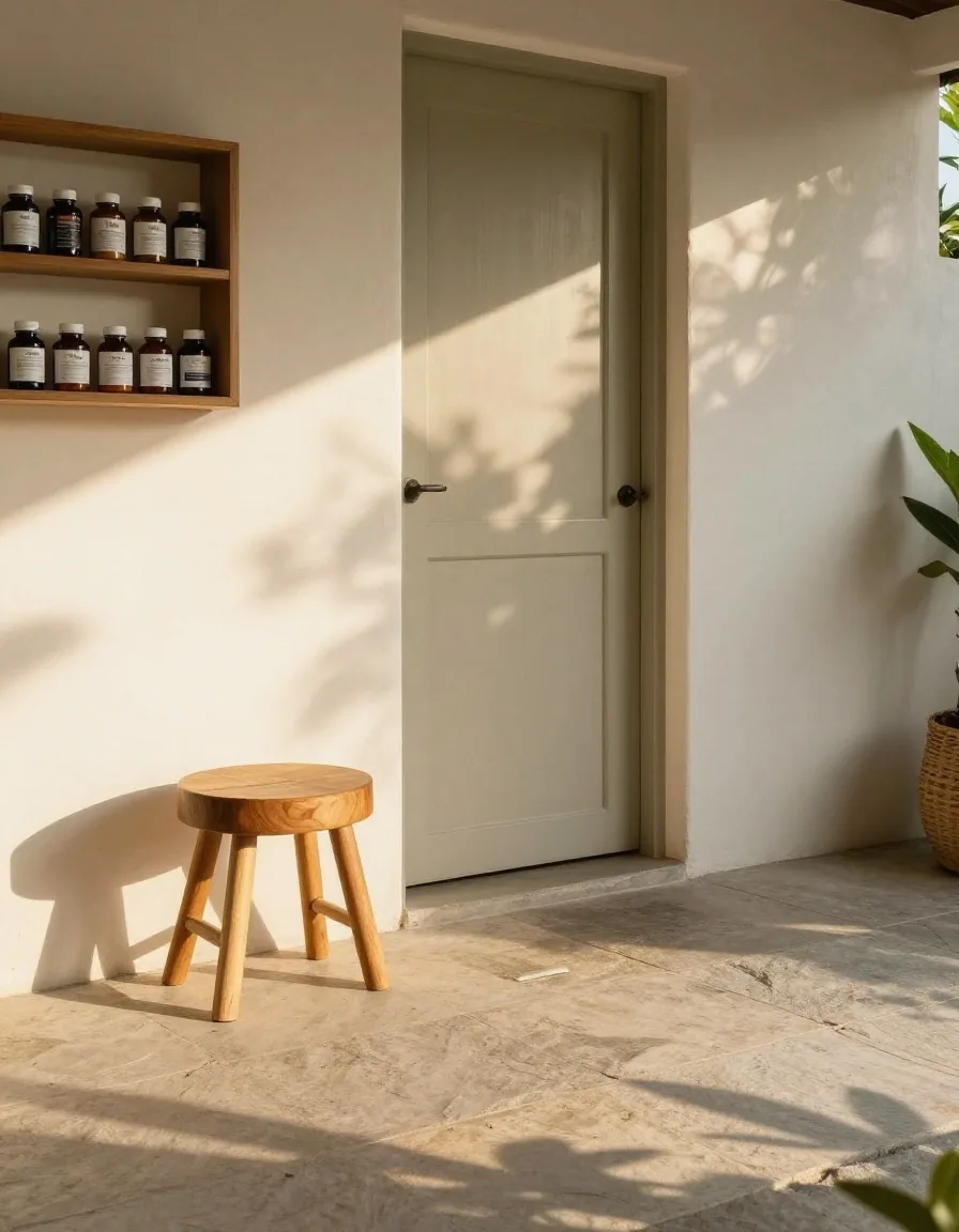An empty consultation counter in a wellness compound with supplement bottles on a shelf behind it