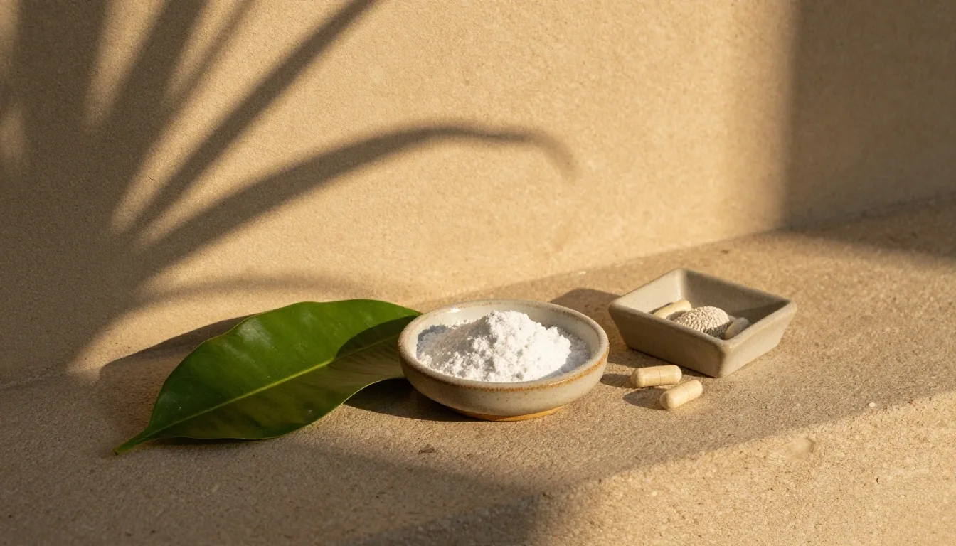 Mineral powder, capsules, and a green leaf arranged on dark slate under hard side light