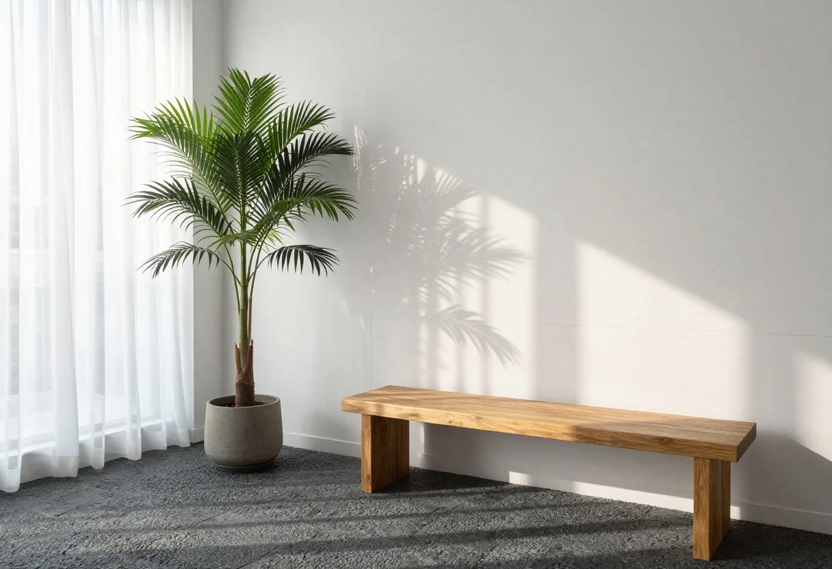 Late-afternoon light across the counter and white tile wall at the PrimaVita office in Seminyak