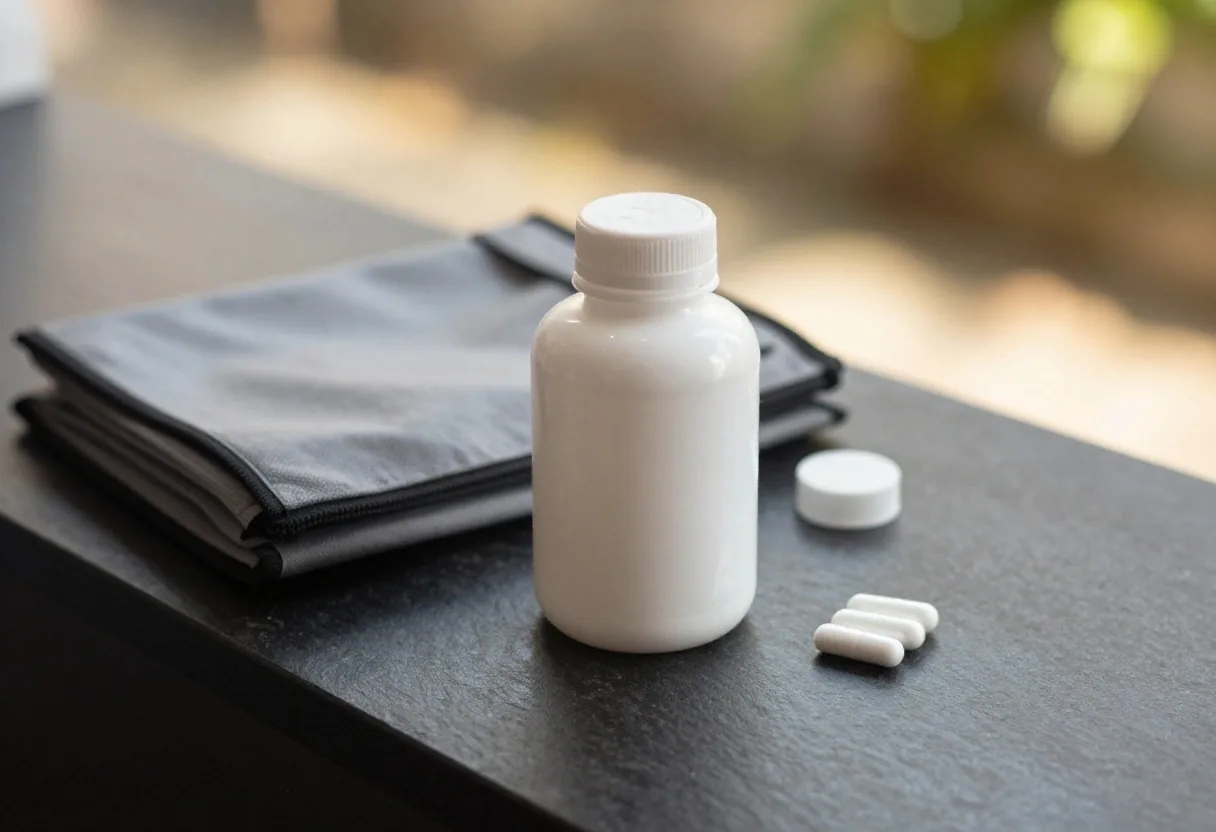 A sealed supplement pack set beside a courier bag on a dark counter at the PrimaVita facility