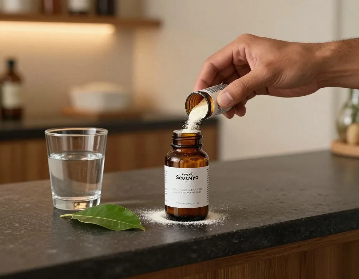 Measuring a single dose of supplement powder on a dark slate counter at the PrimaVita facility