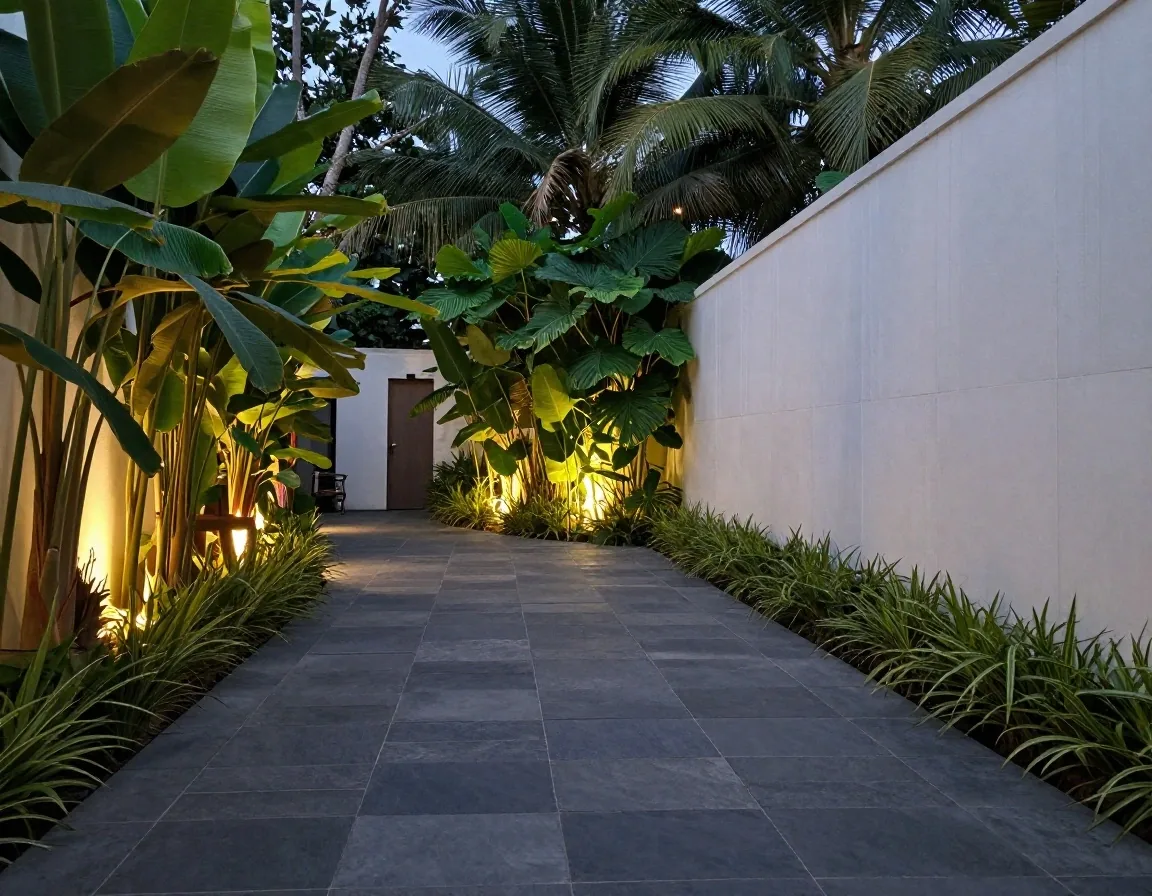 Plant shade crossing a white panel wall along the corridor of the PrimaVita compound in Seminyak