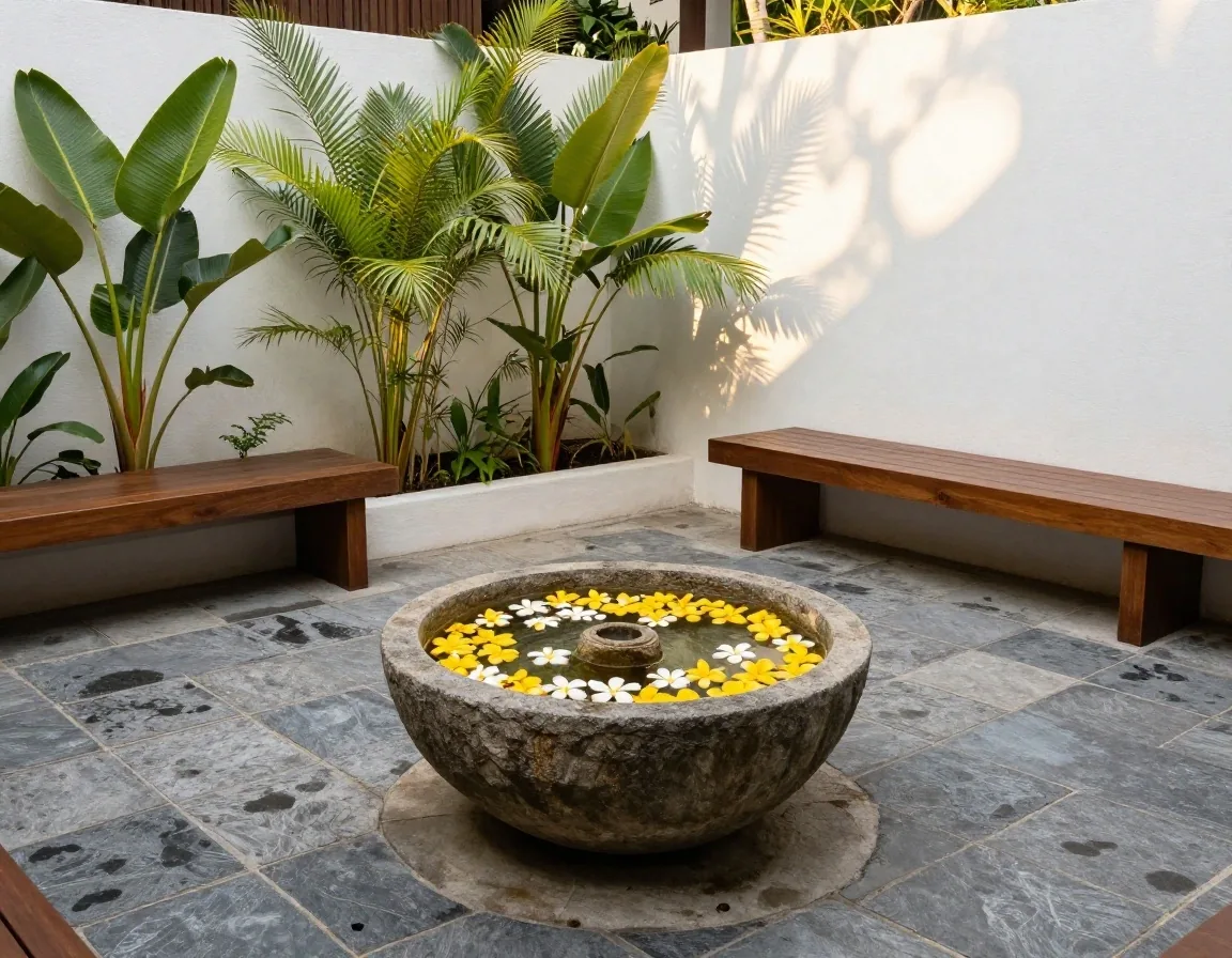 Late-afternoon light across the tiled courtyard wall of a Seminyak wellness compound in Bali