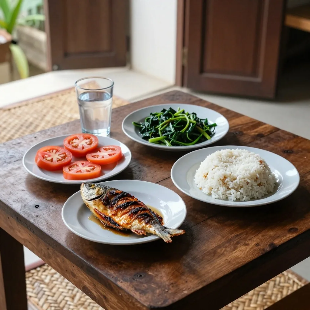 Simple Indonesian meal of grilled fish, rice and greens on a bare wooden table